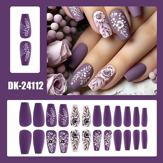 24Pcs Purple Press on Nails Medium Ballet Shaped Flower 3D Pattern Design Full Cover Frosted Acrylic False Nail Press Ons Artificial Fingernails Medium Stick on Nail DIY Glue on Nails for Women