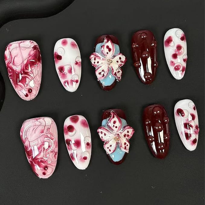 10Pcs Halloween Handmade Press on Nails Medium Almond Fake Nails Red Flower False Nails with 3D Water Droplet Rendering Design Full Cover Artificial Glue on Nails Gothic Stick on Nail for Women DIY