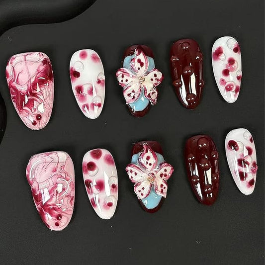 10Pcs Halloween Handmade Press on Nails Medium Almond Fake Nails Red Flower False Nails with 3D Water Droplet Rendering Design Full Cover Artificial Glue on Nails Gothic Stick on Nail for Women DIY