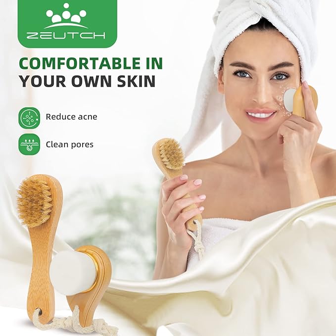 Premium Dry Brushing Body Brush Set for Lymphatic Drainage and Cellulite Treatment, Boar Bristle Long Handle Face Cleansing Brush for A Glowing Skin, 5 Pack