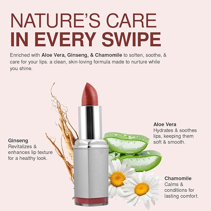 Palladio Herbal Lipstick, Rich Pigmented and Creamy, Infused with Aloe Vera, Chamomile & Ginseng, Prevents Lips from Drying, Combats Fine Lines, Long Lasting Lipstick, Silver Rose