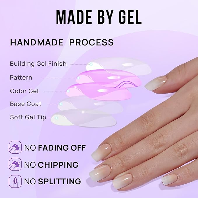 BTArtbox Square Ombre Press On Nails -Soft Gel Press On Nails Short with Nail Glue, 15 Sizes - 30 Reusable Fake Nails Kit, Vanilla Cream