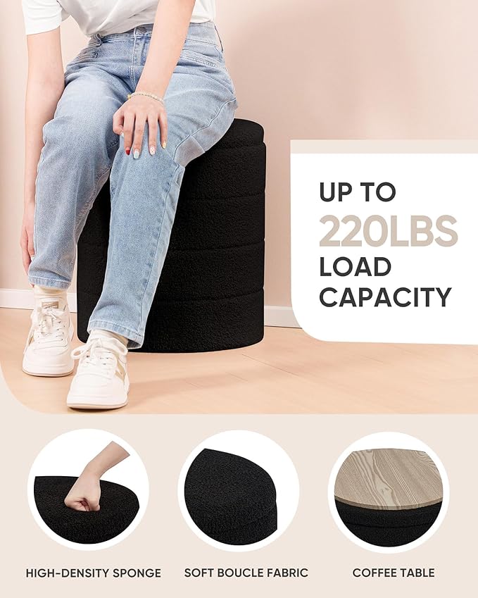 B FSOBEIIALEO Ottoman with Stroage, Round Sherpa Storage Ottoman Stool, Boucle Foot Rest 14.6"x14.6"x17.7"（Black
