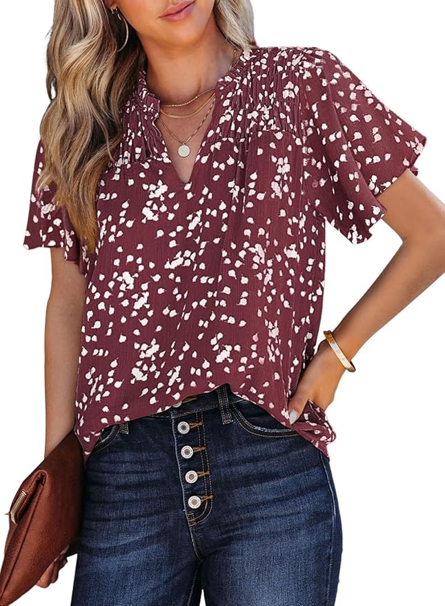 SHEWIN Women's Casual V Neck Floral Print Smocked Short Sleeve Chiffon Blouses Bohemian Top Shirts