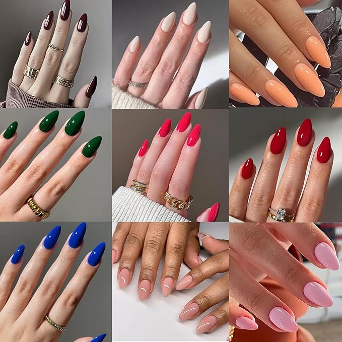 576pcs Almond Press on Nails Medium Fake Nails Solid Color Press on Nails Full Cover Short Nails Press ons Glossy Acrylic Artificial False Nail Tips for Women Girls Nail Art Manicure