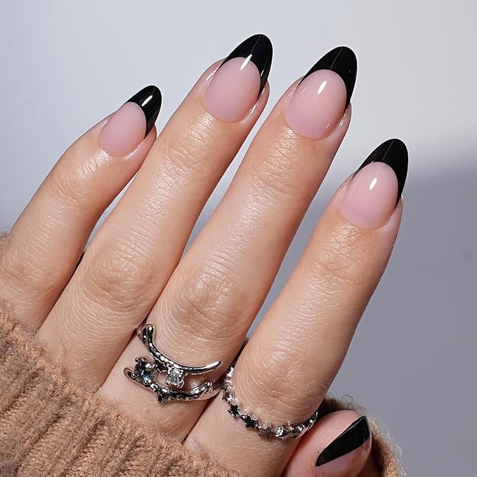 Black French Tip Press On Nails - Black Short Almond Fake Nails, French Tip Press On Nails Reusable Stick On Nails in 16 Sizes, 32pcs False Nail Kit for Women & Girls