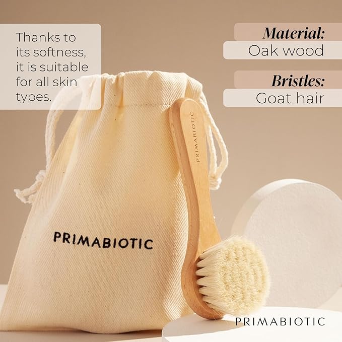 Primabiotic Facial Massage Brush with Pouch – Eco-Friendly Product from Europe – Oak Wood & Goat Hair – Suitable for All Skin Types – Includes Handcrafted Pouch