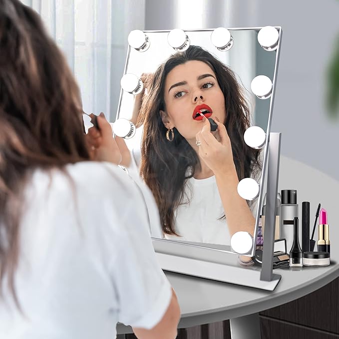 Hollywood Vanity Mirror with Lights, 12 Dimmable LED Bulbs Lighted Makeup Mirror with Detachable 10X Magnification Mirror, 1000mAh Rechargeable, 3 Color Lights, Touch Control
