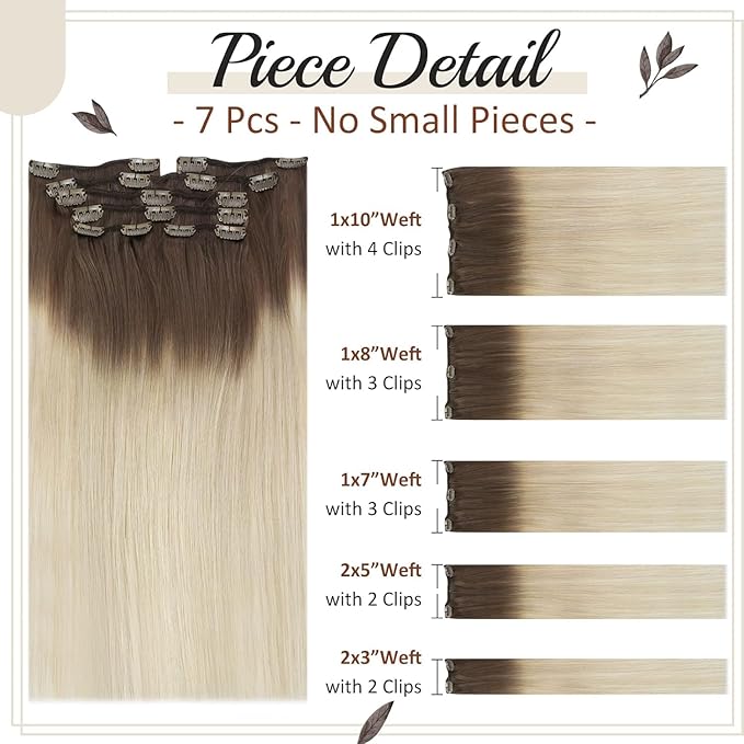 Full Shine Ombre Clip in Blonde Human Hair Extensions 16 Inch Straight Hair Clip in Extensions Dark Brown to Bleach Blonde 120 Grams 16 Inch