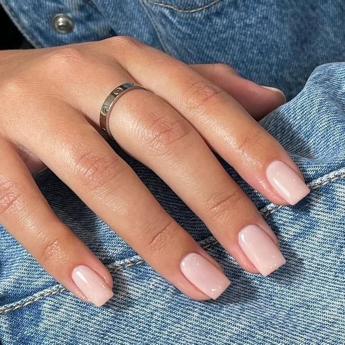 KQueenest Press on Nails Square Light Pink Nails Set,Short Medium Gel Nails Press on Acrylic Nails Pure Color Fake Nails Medium Nails Glue on,False Nails Bright Stick on Nails for Salon Manicure