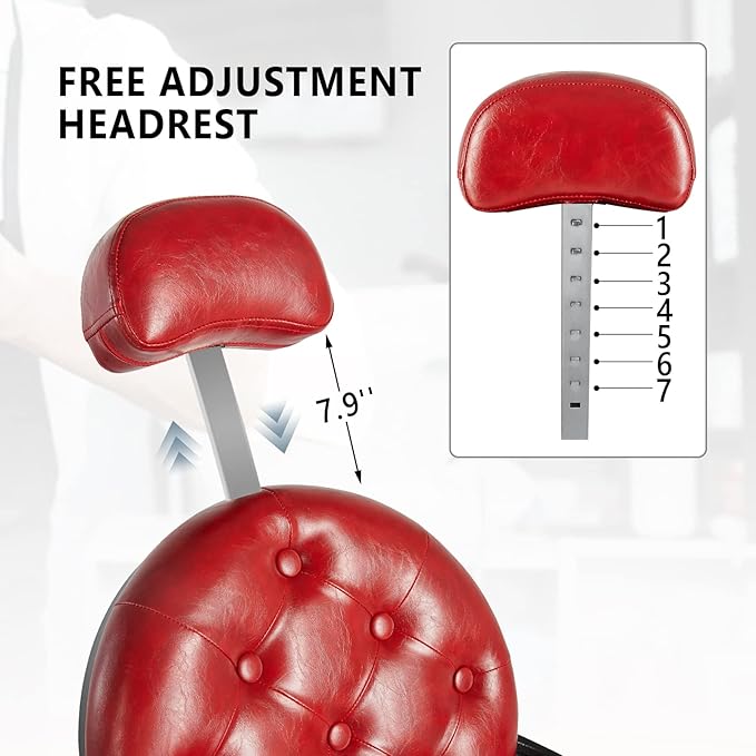 OmySalon Vintage Barber Chair Red All Purpose Heavy Duty, Hydraulic Recline Salon Beauty Styling Chair Retro Red, 360 Degree Swivel for Hair Stylist Tattoo, Round Base, Tufted Button