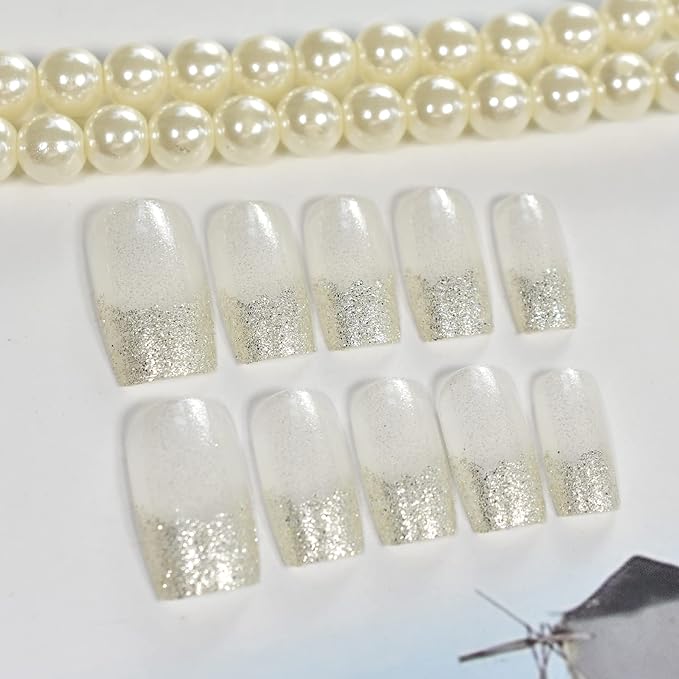 Medium Length Press on Nails Transparent Gold Glitter French False Nails Salon Manicure Reusable Stick on Nail Art Tips DIY Fake Fingernails Gift for Women Girls