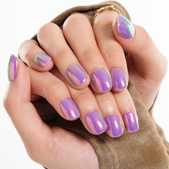 GLAMERMAID Extra Short Press on Nails 24PCS, Handmade Vilot Purple Chrome Fall Gel Glue on Nails, Glossy Round Reusable UV Finish Fake Nails Acrylic False Nails Manicure Kits for Women
