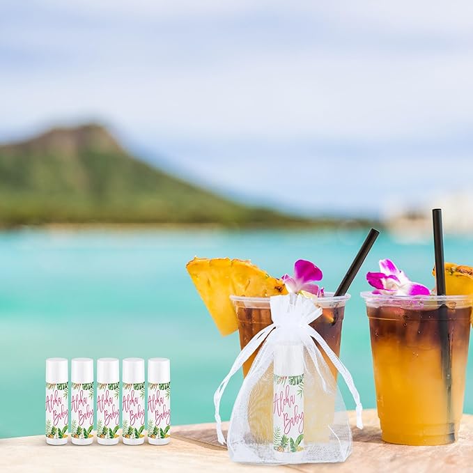 Demissle 50 Pcs Baby Shower Lip Balm Gift Set with 100 Pcs Organza Bags Baby Shower Party Favor for Guest Thank You Tag Rope Baby Shower Party Decoration Gender Reveal Souvenirs (Tropical)