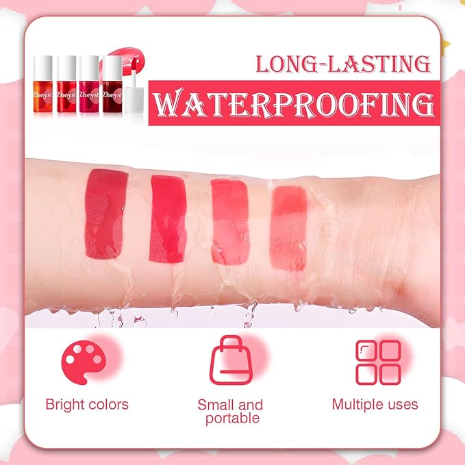 Lip Tint 4 Colors High Shine Non-Sticky Easy Apply Formula Waterproof Lip Stain With Vitamin E Moisturizing Long-Lasting Lip Gloss For Women Buildable Shine Mini Water Lipstick Fruit Extracts