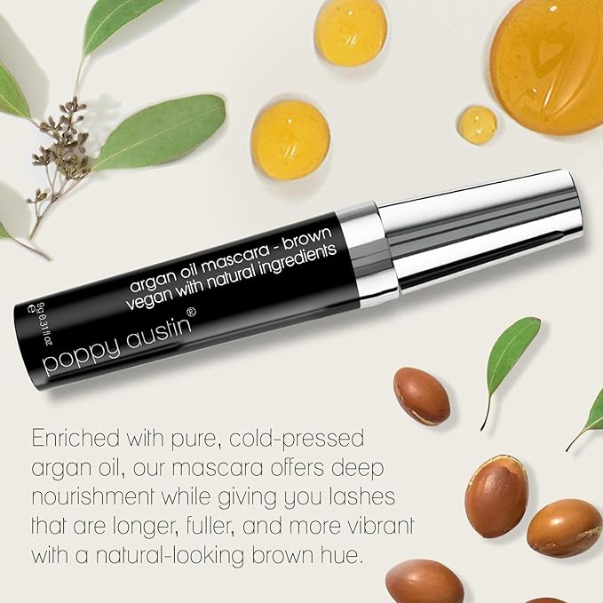 Poppy Austin Organic Mascara, Natural, Vegan, Paraben-Free, Cruelty-Free - Hypoallergenic Mascara Lengthening & Volumizing with Argan Oil - 0.31 Fl Oz (Brown)