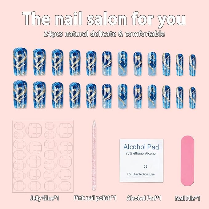24Pcs Gold Curve Line Press on Nails Medium Square Fake Nails Glossy Blue Gradient False Nails Sea Love Heart Acrylic Nails Sparkly Ombre Line Glue on Fingernails for Coquette Women Holiday Nail Art