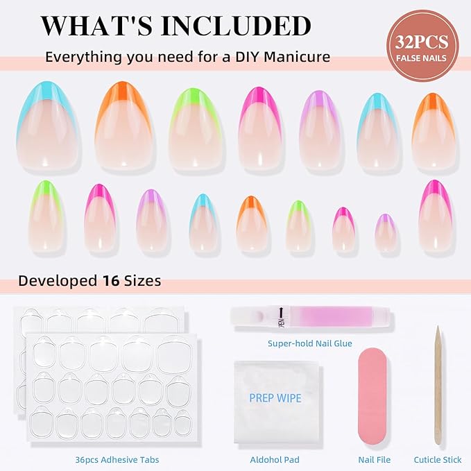 French Tip Press on Nails, Short Press on Nails Almond Reusable Glossy Soft Gel False Nails Press ons for Women, 16 Sizes 32 Count Nails Kit with Glue (SV-01)
