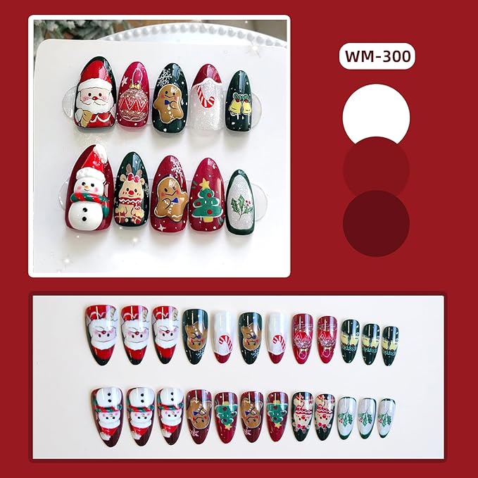 24Pcs Christmas Press on Nails Medium Almond Fake Nails with Cute Santa Claus Candy Canes Design Xmas Red Green Elk Gingerbread Man Snowman False Nail Tips Handmade Nails for Women