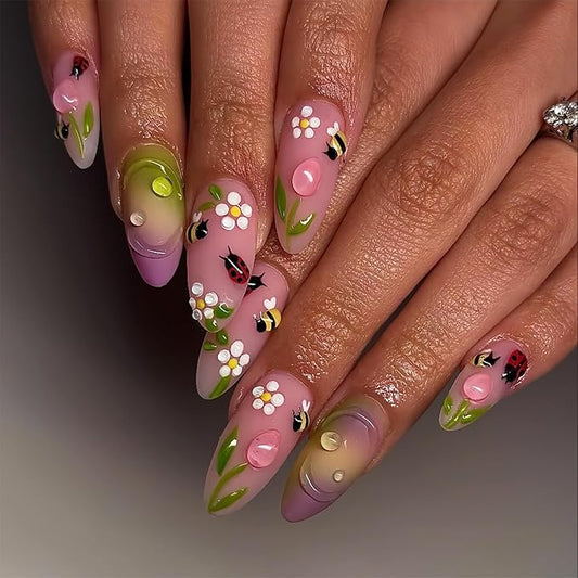 24pcs Summer Press on Nails Medium Almond Fake Nails with Insect Flower Acrylic Nails Designs Bee Glue on Nails Cute Floral False Nails Kit Full Cover Stick on Nails for Women Nail Decoration