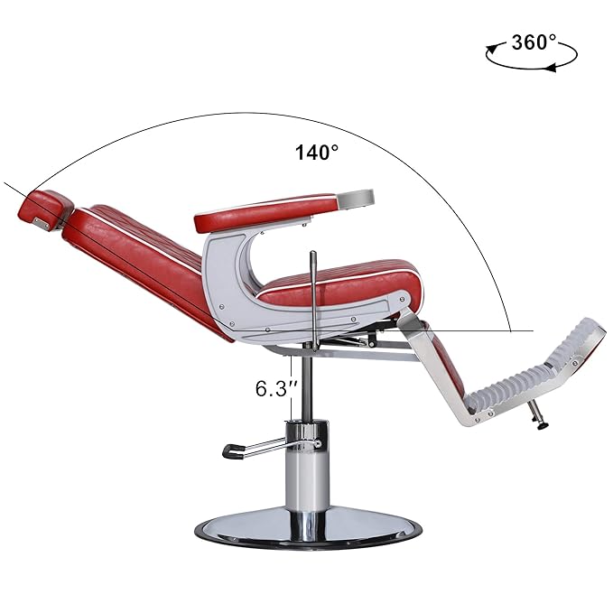 BarberPub Heavy Duty Metal Vintage Barber Chair All Purpose Hydraulic Recline Salon Beauty Spa Shampoo Equipment 3825 (Red with White Stitches)