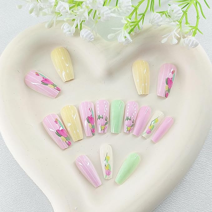 Medium Coffin Press on Nsils Spring Summer Fake Nails Yellow Pink Stick on Nails for Women 24Pcs with Flower Lines Designs Colorful Glue on Nails Girls Nail Press ons Glossy Art