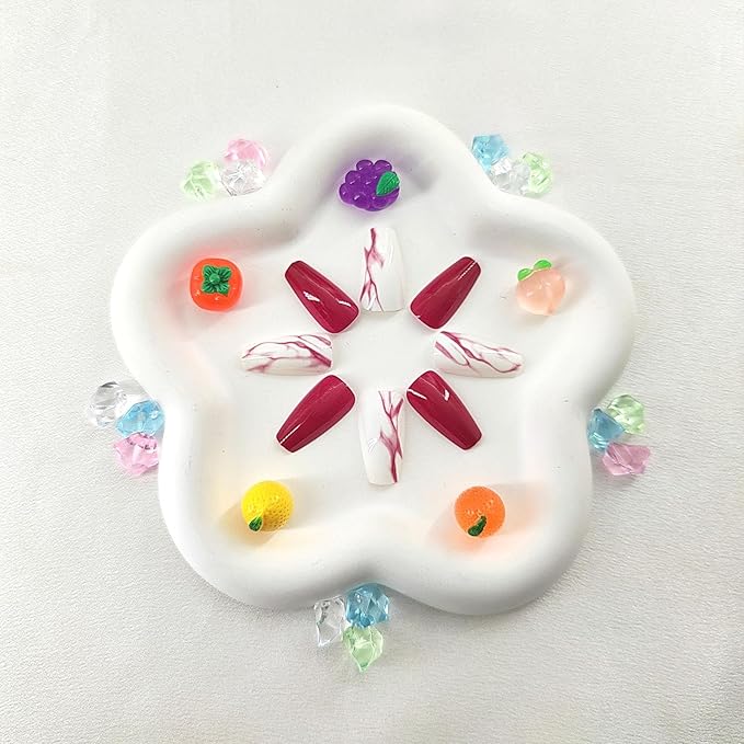 Coffin Press on Nails Medium Glossy Fake Nails with Lines Gradient Design Glue on Nails Red Full Cover False Nails Cute Acrylic Nails Artificial Coffin Nails Press ons for Girls 24Pcs