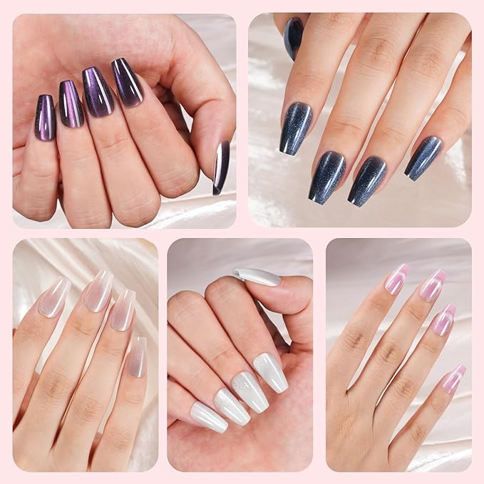 Cat Eye Press on Nails, 300Pcs Short Coffin Cat Eye Nail Tips, Glossy Glitter Soft Gel Fake Nails for Women and Girls Stick On Nails in 15 Sizes