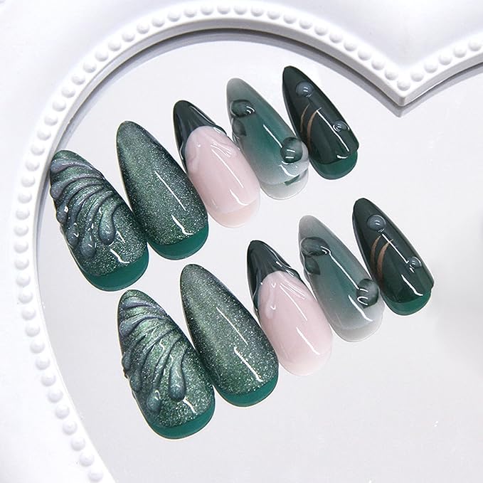 24Pcs Green Press on Nails Medium Almond Fake Nails with 3D Green Ripple Design Handmade Press on French Nails Tips Leaves Pattern Full Cover Glossy Y2k Reusable DIY Nails for Women Nail