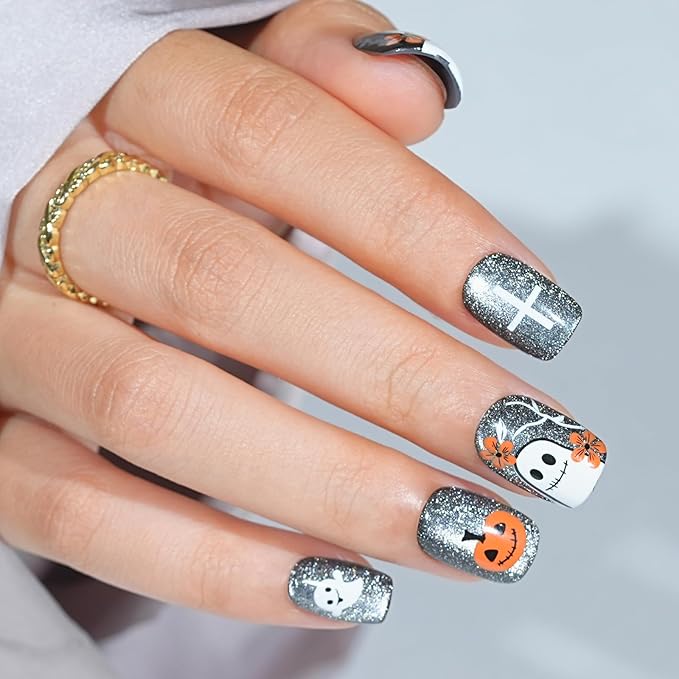 Halloween Press On Nails - Pumpkin Specter, Gray Cat Eye Halloween Nails, Acrylic Short Square Glue On Nails with Nail Glue, Fit Perfectly & Natural Stick On Nails in 16 Sizes - 32PCS Soft Gel Kit