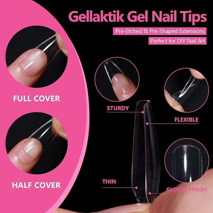 Medium Coffin Nail Tips 504PCS, Clear Acrylic Full Cover Gel Press on Nail Tips for DIY, 12 Sizes Pre-Shaped False Nails with Glossy Finish, Professional Manicure Kit & Easy Application