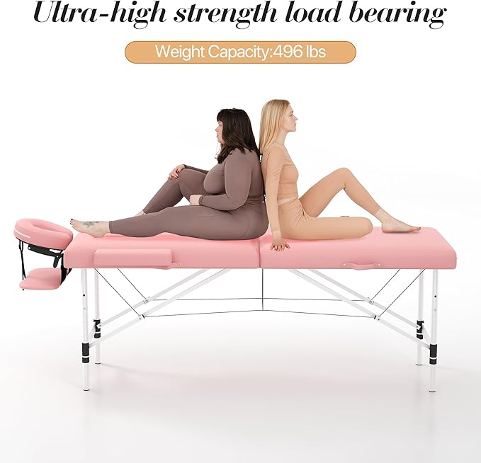 Massage Table Massage Bed, Portable 2 Section Foldable Tattoo Bed, Height Adjustable Lash Spa Bed with Face Cradle, Home Light Weight Facial Salon Bed with Aluminum Frame, Light Pink