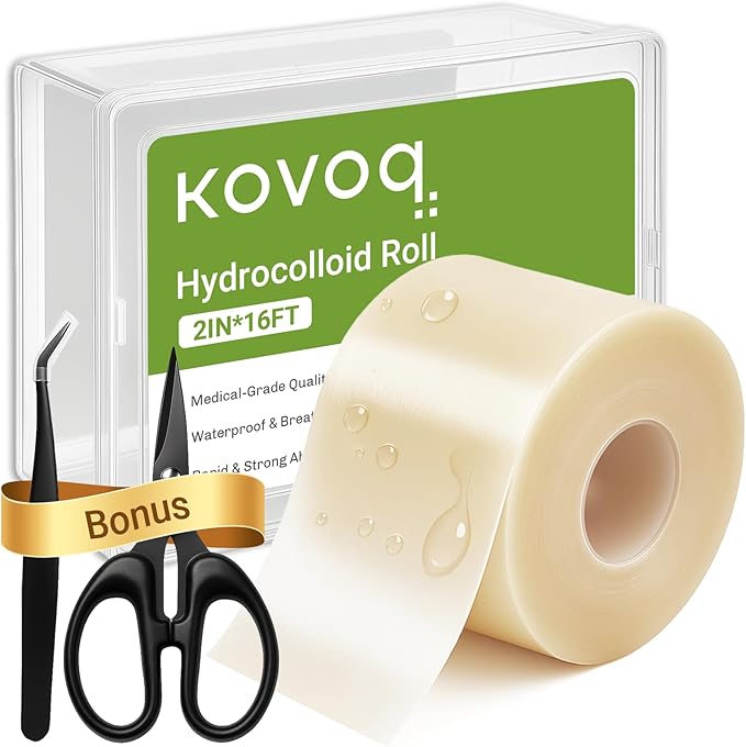 Hydrocolloid Roll Bandages for Wound Care, Kovoq Medical Grade Hydrocolloid Pimple Patches Tape Sterile and Waterproof, with DIY Size & Shape Tools Scissor and Tweezer (2in * 16ft)