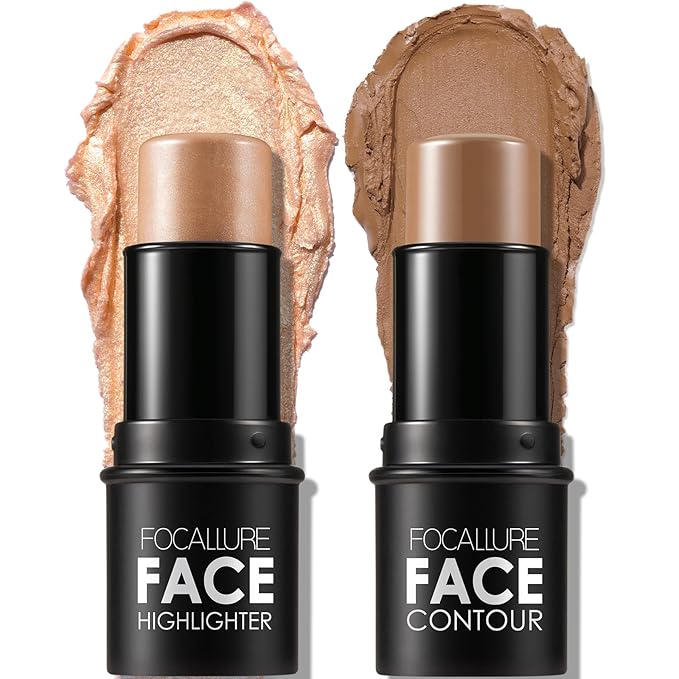FOCALLURE 2 Pcs Mineral Cream Contour Stick,Moisturize Highlighter and Bronzer Pen,Non Stick Face Brightens & Shades Pencil,Long Lasting & Smooth Gliding Face Illuminator Makeup,24+11