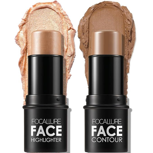 FOCALLURE 2 Pcs Mineral Cream Contour Stick,Moisturize Highlighter and Bronzer Pen,Non Stick Face Brightens & Shades Pencil,Long Lasting & Smooth Gliding Face Illuminator Makeup,24+11