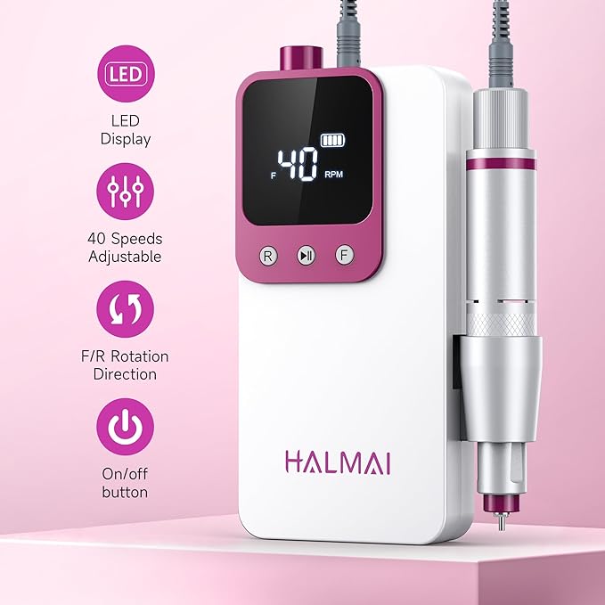 Electric Nail Drill Professional, Portable Nail File for Acrylic Gel Nails, Cordless Rechargeable Ultra Power Nail Drill Kit 40000RPM, HMC320 Salon-Grade Efile Nail Machine (White)