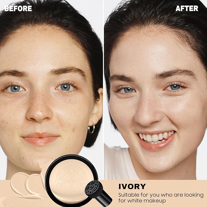 Mushroom Head Air Cushion CC Cream - BB Cream Long-Lasting Color Changing Foundation, Full Coverage Concealer for Older Women, Moisturizing & Brightening Foundation for Mature Skin Makeup (Ivory)