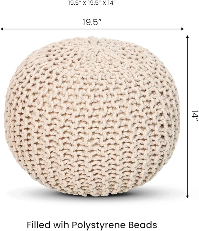 REDEARTH Round Pouf Ottoman - Cable Knitted Boho Poof - Home Décor Cord Pouffe Handmade Circular Footrest for Living Room - Bedroom - Kids Bedroom - 100% Cotton Pouf (19.5"x19.5"x14") - Ivory