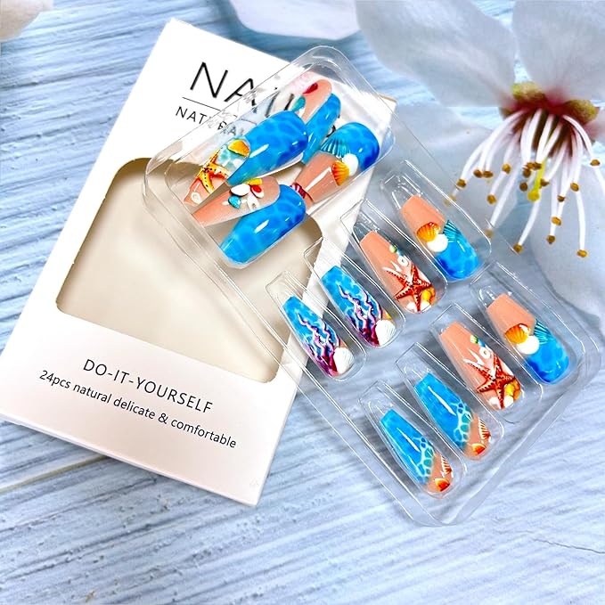 Starfish Shell Press on Nails Medium Ballet Shaped Full Cover Glossy Ocean Style Acrylic False Nail Artificial Blue Stick on Nail Press Ons Ballet Artificial Fingernails DIY Glue on Nails for Women