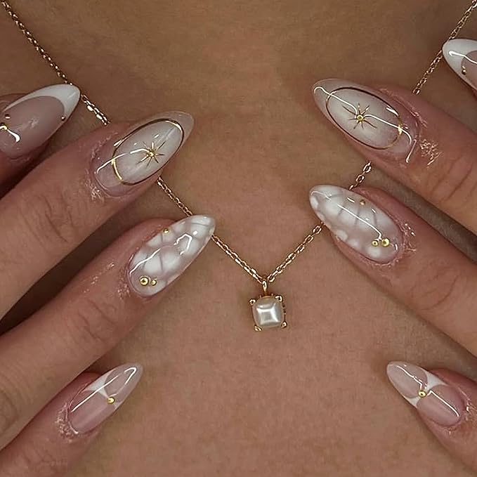 IMRAIN Medium Almond Press on Nails French Tips Fake Nails with Crocodile Print Designs Nude White Ombre Glossy Glue on Nails Acrylic Full Cover Golden Star Stick on False Nails for Women Girls