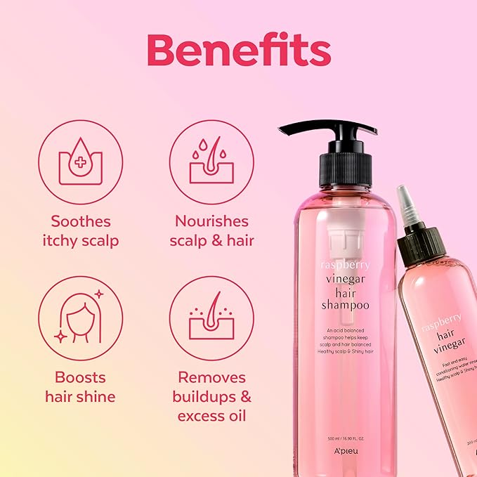 A’PIEU Raspberry Vinegar Hair Care Set – Shampoo (16.9 fl oz) + Hair Vinegar Rinse (6.76 fl oz) | Clarifying & pH Balancing Scalp Treatment, Removes Buildup, Soothes & Refreshes, Korean Hair Care