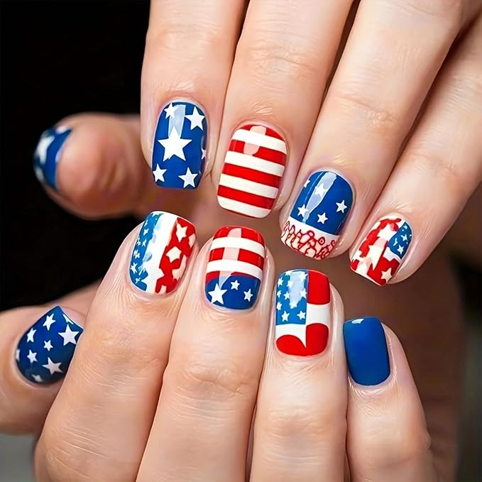 24Pcs 4th of July Press on Nails Short Square Fake Nails Independence Day False Nails with Red Blue American Flag Design Glossy Full Cover Artificial Glue on Nails Cute Stick on Nails for Women DIY