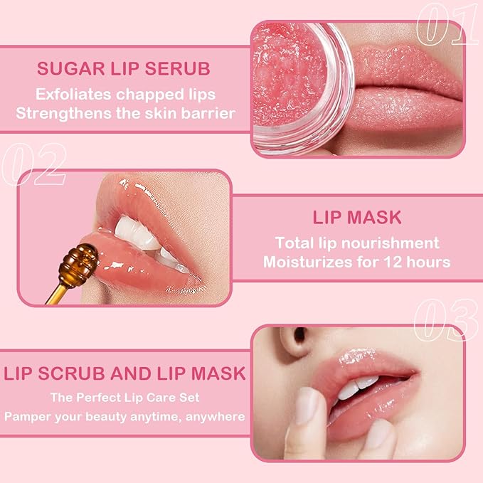 4 PCS Bee Lip Balm Honey Pot Lip Mask & Lip Scrub Set, Strawberry Watermelon Coconut Cherry Overnight Propolis Moisturizing Lip Balm Hydrating Prevention Dry and Crack Lip Exfoliator Lip Wrinkle Care