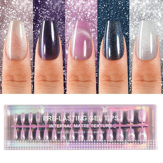 150Pcs Cat Eye Press on Nails, Plauva Short Coffin Fake Nails, Glossy Glitter Cat Eye Nail Tips, Soft Gel Stick On Nails for Women and Girls 15 Sizes