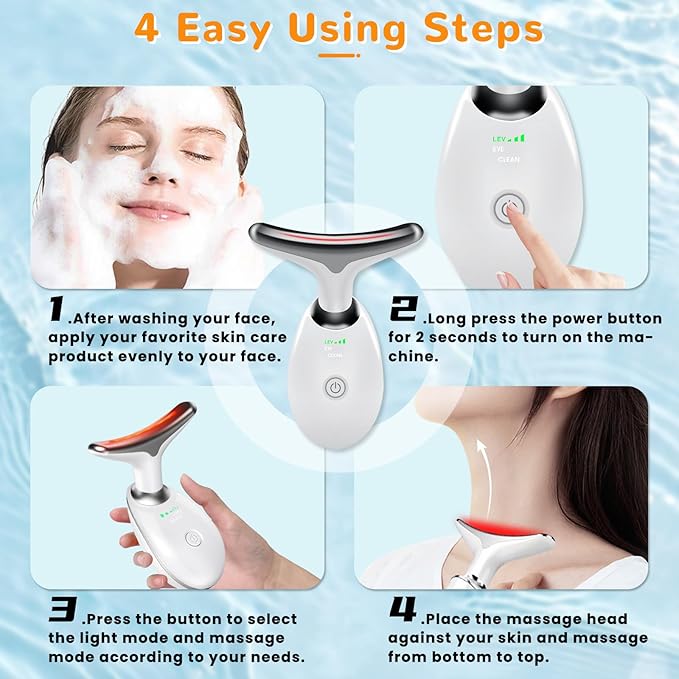 Facial Beauty Device, Face Massager Tool for Skin Care, Based on Triple Action LED, Thermal, and Vibration, Red and Blue LED Light, 7 Color Led Face and Neck Massager for Home Use (Glossy White)