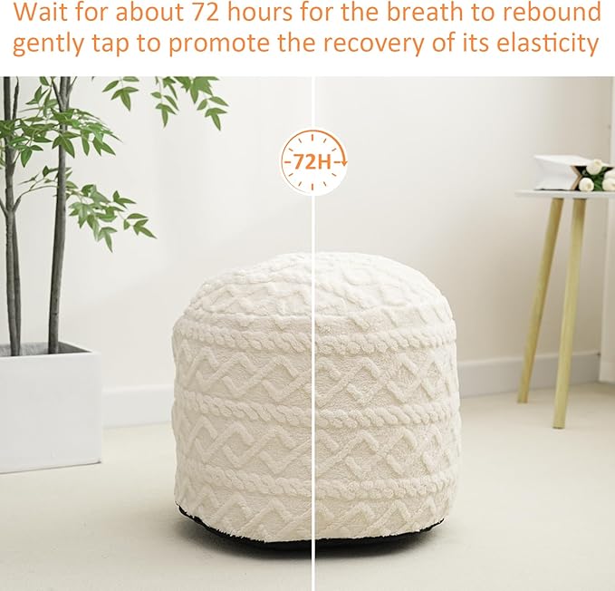 Beige Round Faux Fur Ottoman Pouf - 20x15 Inch Storage Foot Stool Cushion for Living Room & Bedroom Decor