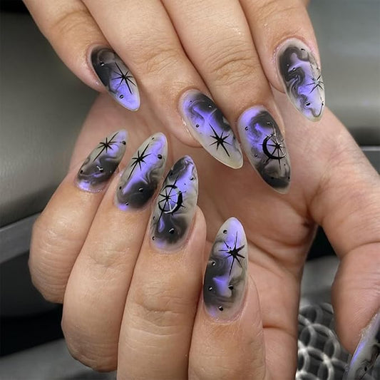 IMRAIN Purple Black Ombre Press on Nails Medium Almond Fake Nails Matte Glue on Nails Full Cover Acrylic False Nails with Black Moon & Star Designs Y2K Stick on Nails for Women 24Pcs