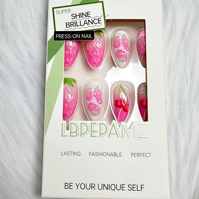 24Pcs Cherry Press on Nails Medium Almond Fake Nails with 3D Water Drop Grape Orange Design Pink Gradient Pitaya Full Cover Acrylic False Nails Ombre French Tip Summer Glue on Nails for Women