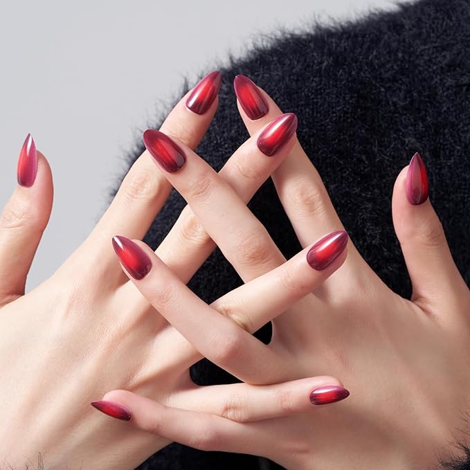 Wooyas Press on Nails Almond, Ombre Red Short Stiletto Glossy False Nails,Reusable Salon Perfect Fake Nail Kit in 12 Sizes - 24 Pcs Soft Gel Glue On Nails Kit for Women Gift