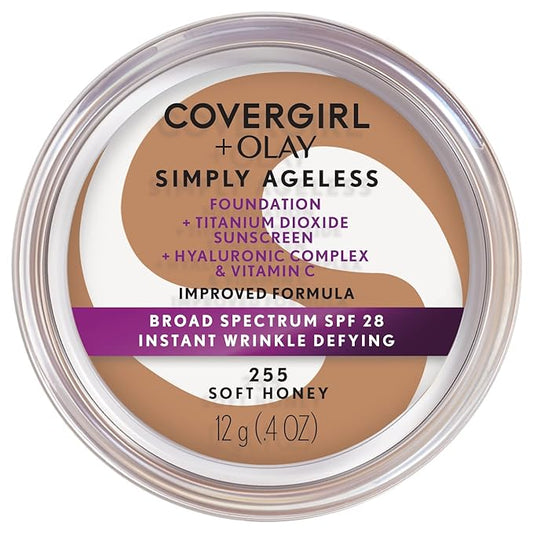 COVERGIRL Simply Ageless Instant Wrinkle Defying Foundation, SPF 28, Hyaluronic Complex & Vitamin C - 255 Soft Honey, Pack of 1